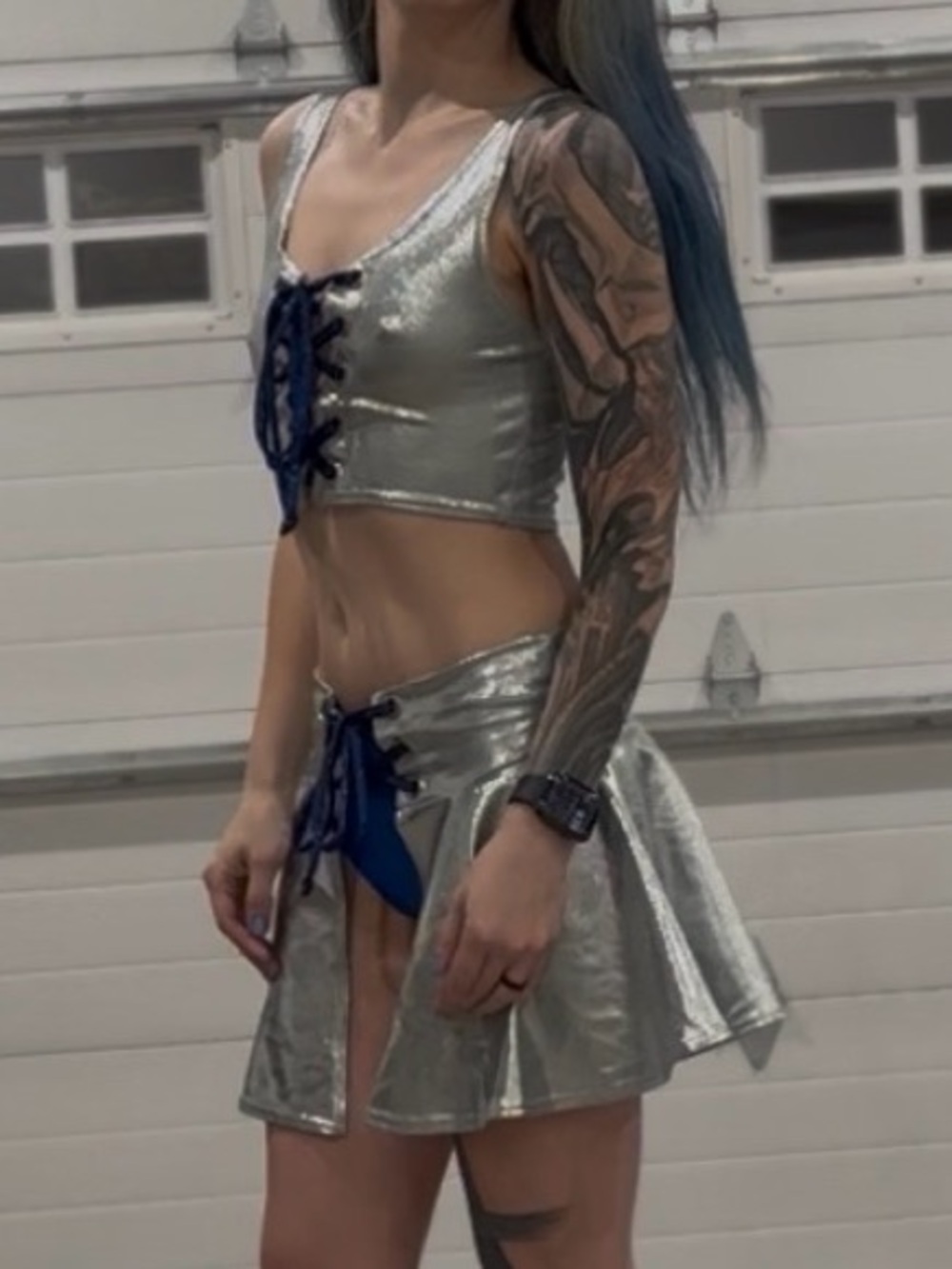 Lace Up Crop Tank & Open Front Skirt in Platinum Metallic w Blue Sparkly Ties XS